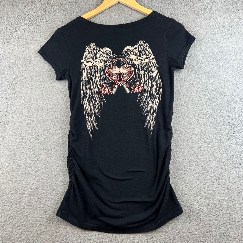 Y2K Angel Graphic T-Shirt Rhinestone Lips Ruched Medium